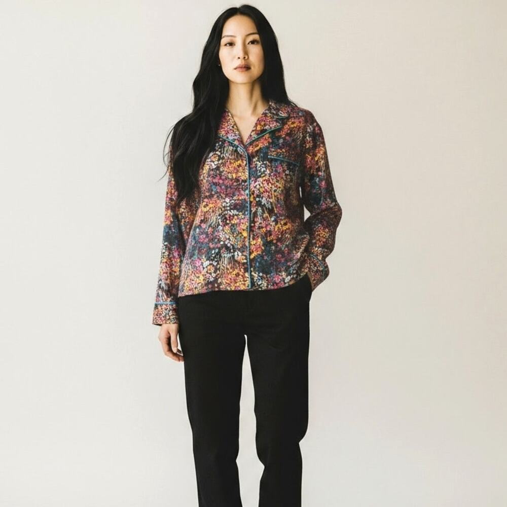 THE PIONEER WOMAN Floral Print Satin Blouse Pajama Top M Colorful CottageCore
